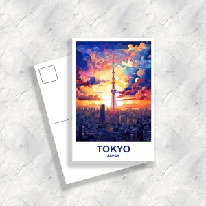 Tokyo Travel Art Postcard, Tokyo Skyline, Japan Wall Art Postcard, City Skyline Postcard, Vibrant Sunset, Travel Postcard